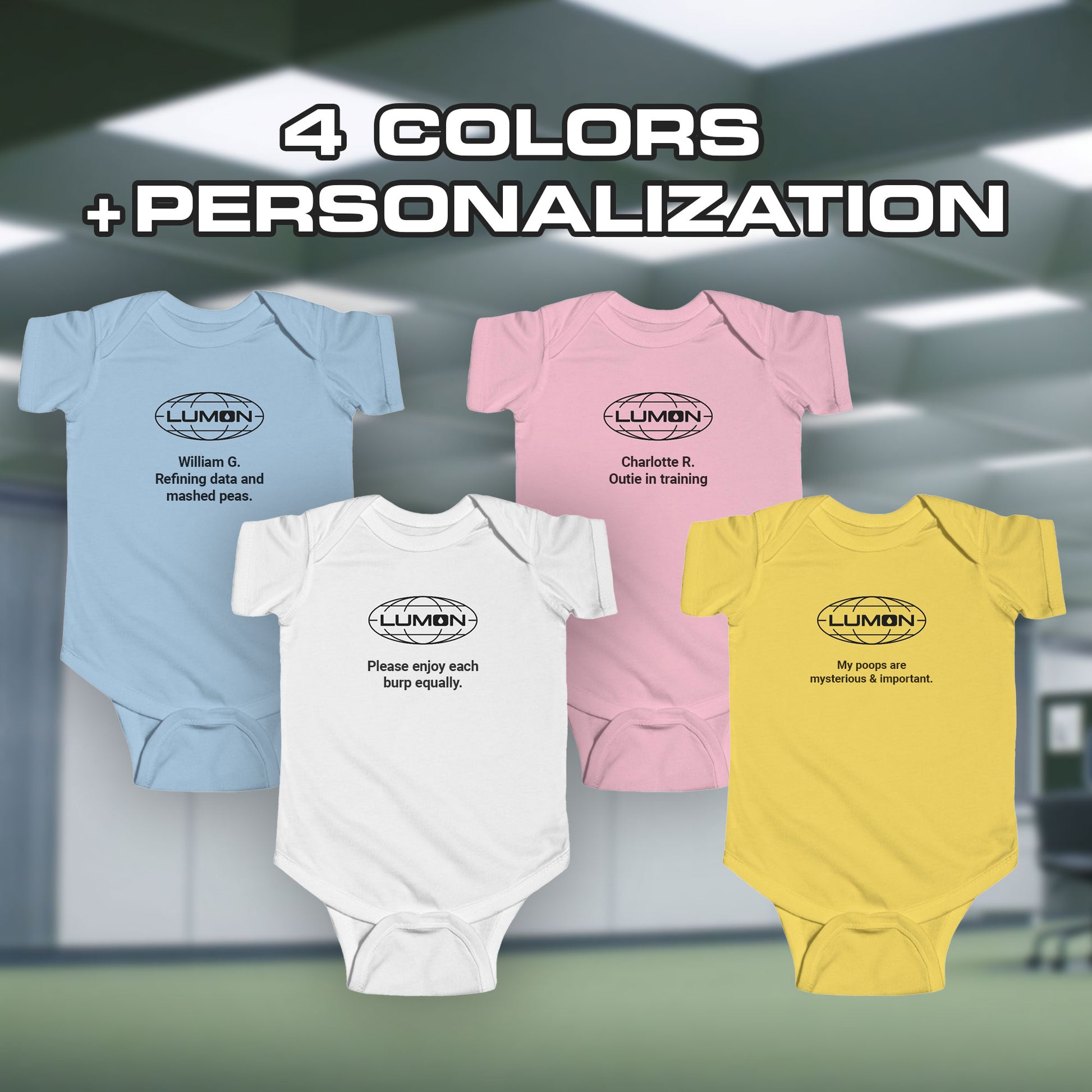 Video featuring Infant Fine Jersey Bodysuit Onesies for babies featuring the Lumon Industries logo and customizable text (up to 120 characters) inspired by the Apple TV show Severance.