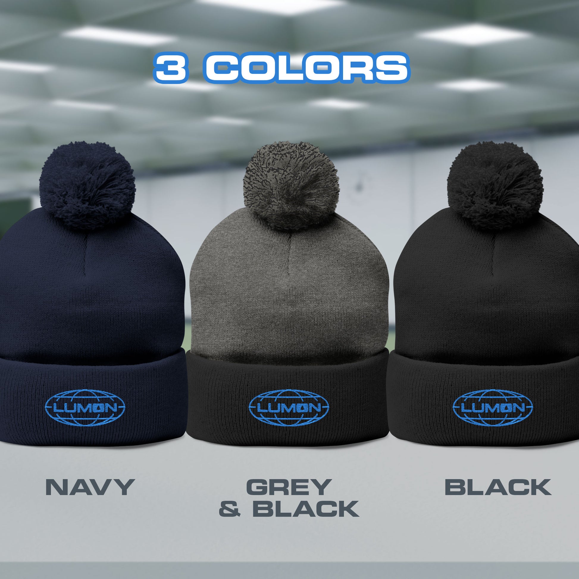 Video featuring a Pom-Pom Winter Knit Hat featuring the embroidered logo of Lumon Industries from the Apple TV Show Severance.