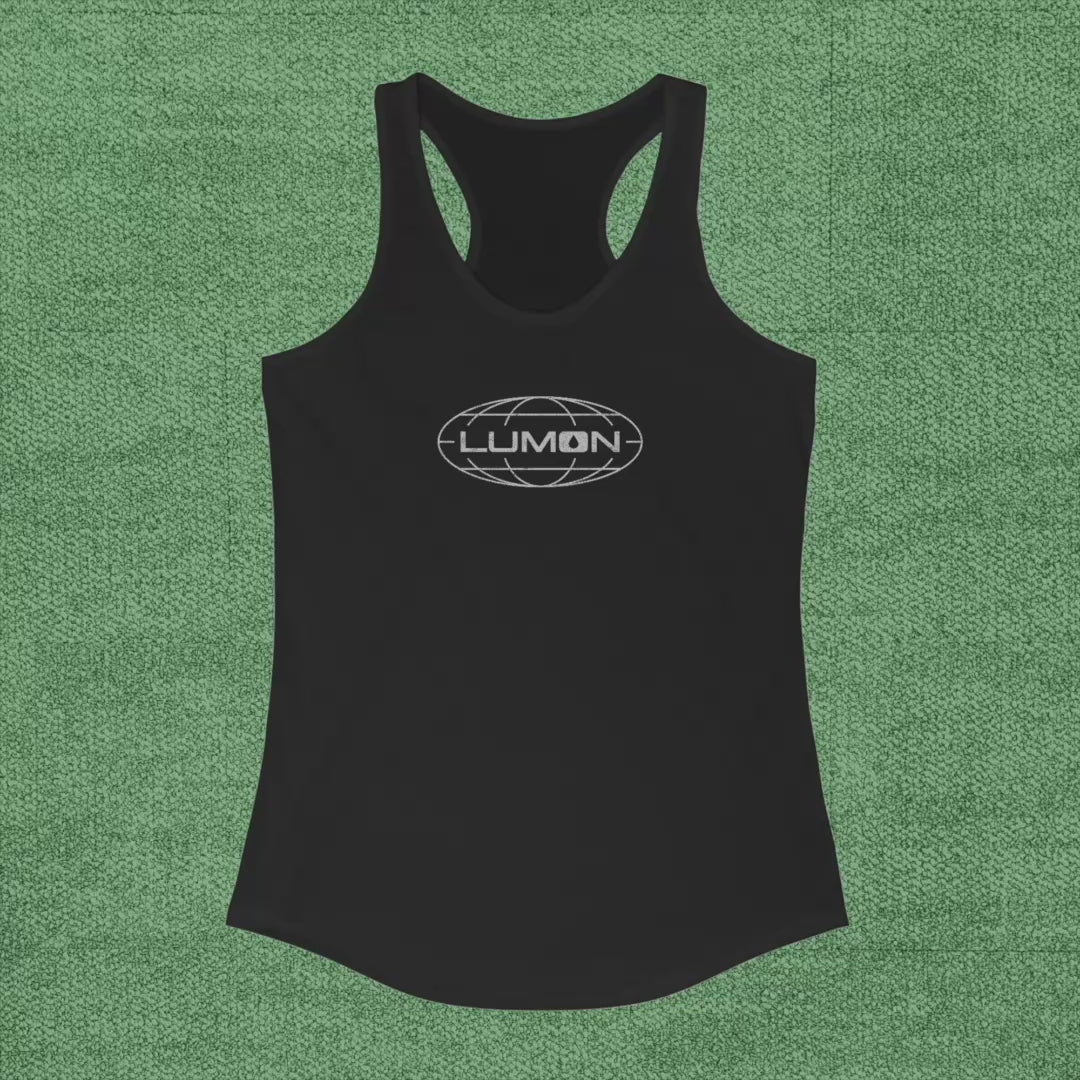 Video of Women's Racerback Tank Top Shirts featuring the Lumon Industries logo from the Apple TV show Severance in a vintage distressed style, sold by ScriptedBrand.