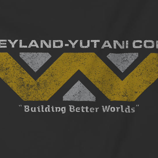 Video closeup of a shirt graphic featuring the Weyland-Yutani logo from the movie Alien and Aliens franchise in a vintage distressed style, sold by ScriptedBrand.