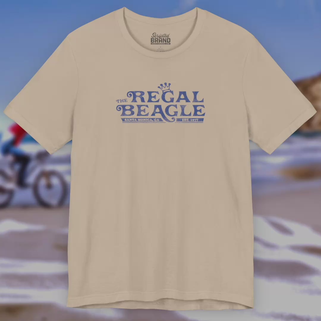 Video of soft Bella+Canvas 3001 short-sleeve t-shirts featuring the Regal Beagle logo from the TV Show Threes Company in a vintage distressed style.