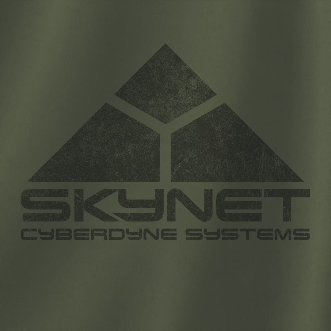 Video of Hoodie Sweatshirt featuring the fictional logo Skynet Cyberdyne Systems from the movie The Terminator printed on both sides in a vintage distressed style.
