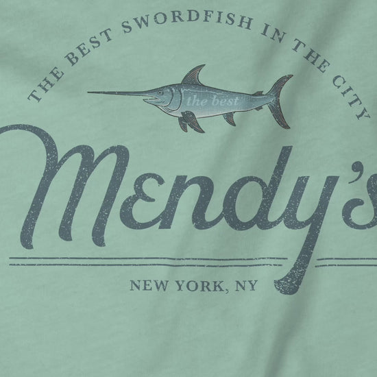 Video closeup of soft unisex Bella+Canvas 3001 short-sleeve t-shirts featuring a unique Mendy's Restaurant logo graphic, designed by ScriptedBrand in a vintage distressed style, and inspired by the TV show Seinfeld.