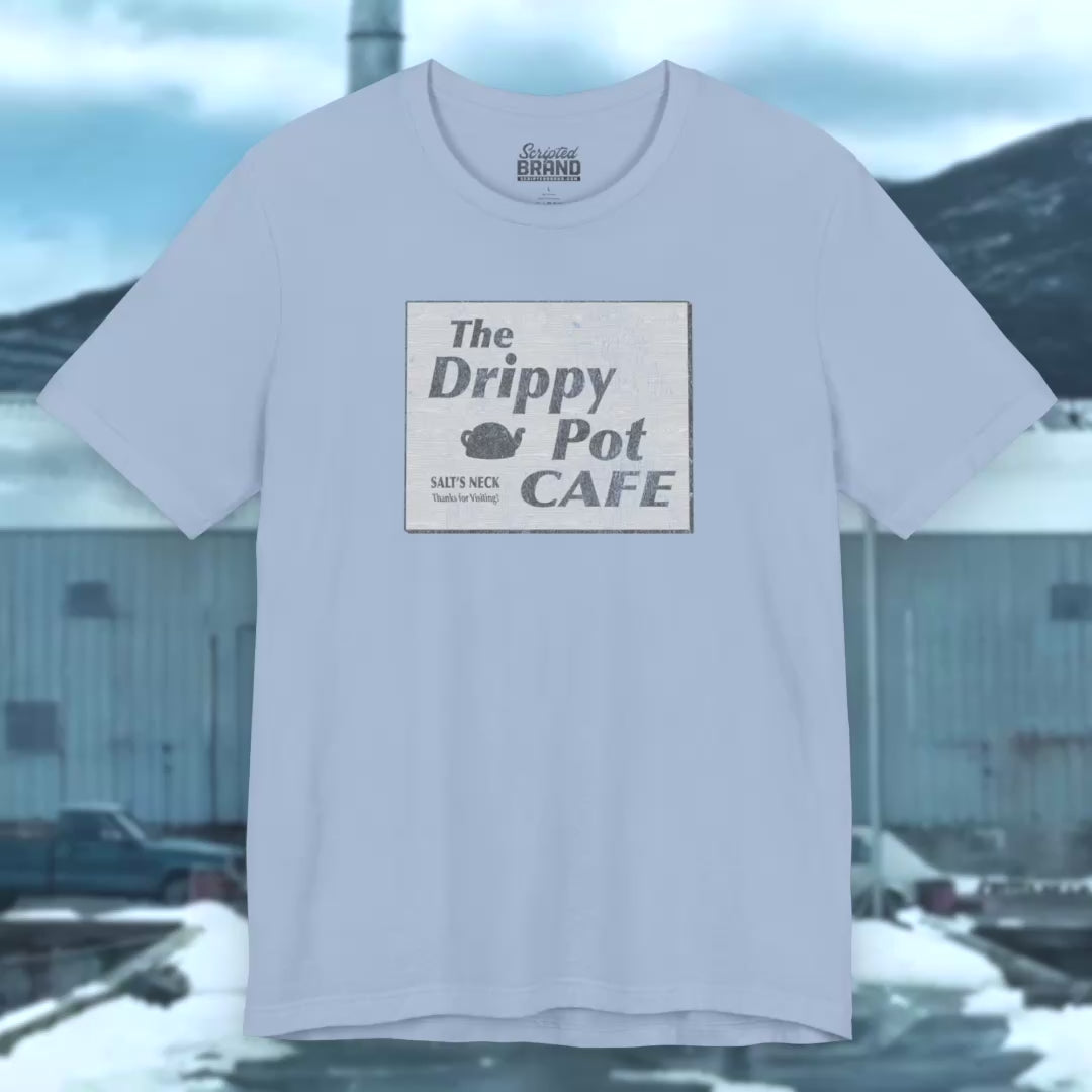 Video of Bella+Canvas short-sleeve t-shirts featuring vintage Drippy Pot Café logo from Severance TV show