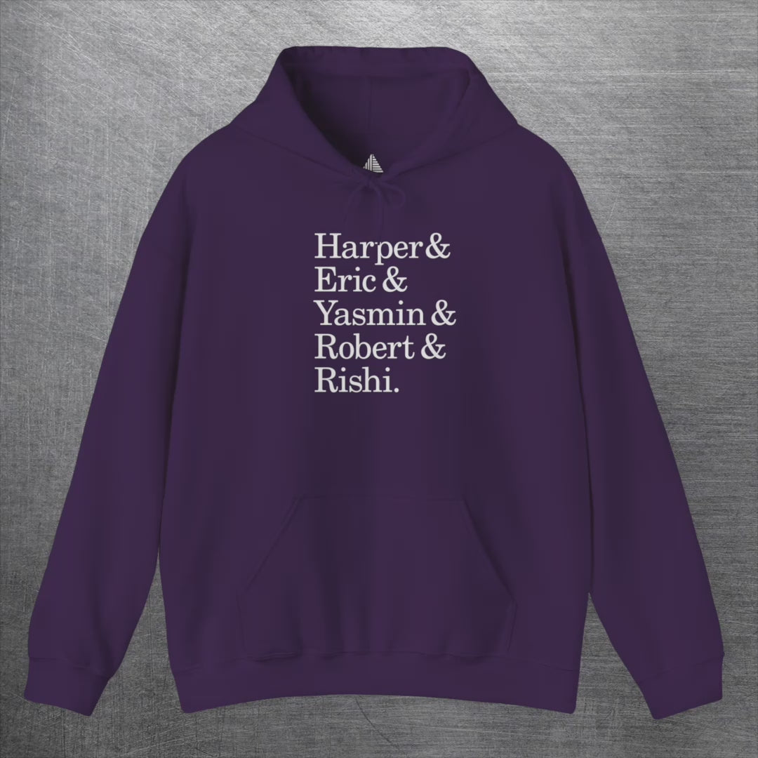 Video of hoodies with names Harper, Eric, Yasmin, Robert & Rishi in Pierpoint & Co. font, inspired by TV show Industry.