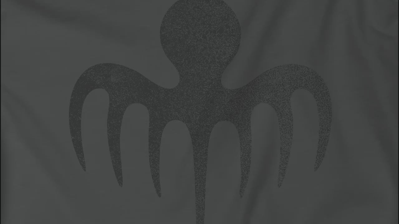 Video showing soft Bella+Canvas 3001 short-sleeve t-shirts featuring a logo graphic of the fictional criminal organization Spectre, inspired by the James Bond movie franchise, in a vintage distressed style.