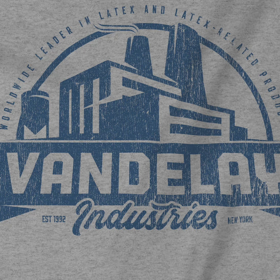 Video closeup of soft Bella+Canvas 3001 short-sleeve t-shirts featuring a Vandelay Industries logo graphic, uniquely designed by ScriptedBrand in a vintage distressed style. The fictional company is part of the George Costanza storyline in the TV show Seinfeld. 