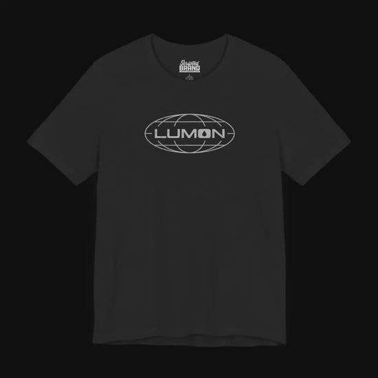 Video featuring soft Bella+Canvas shirtsleeve t-shirts with the Lumon Industries logo from the TV show Severance in a vintage distressed ink-stamped style.