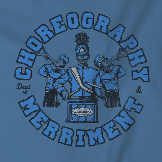 Video of t-shirts with vintage graphic of Severance’s Choreography & Merriment Dept in blue on Comfort Colors 1717 tee.