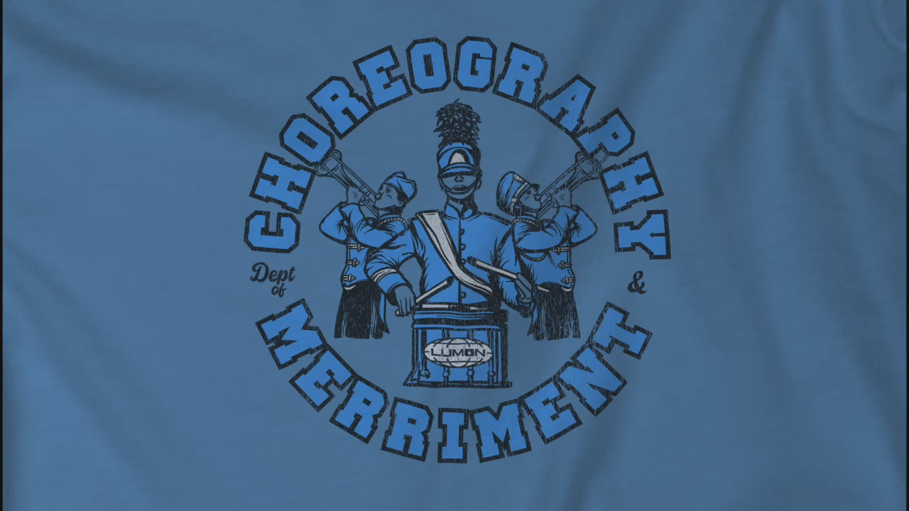 Video of t-shirts with vintage graphic of Severance’s Choreography & Merriment Dept in blue on Comfort Colors 1717 tee.