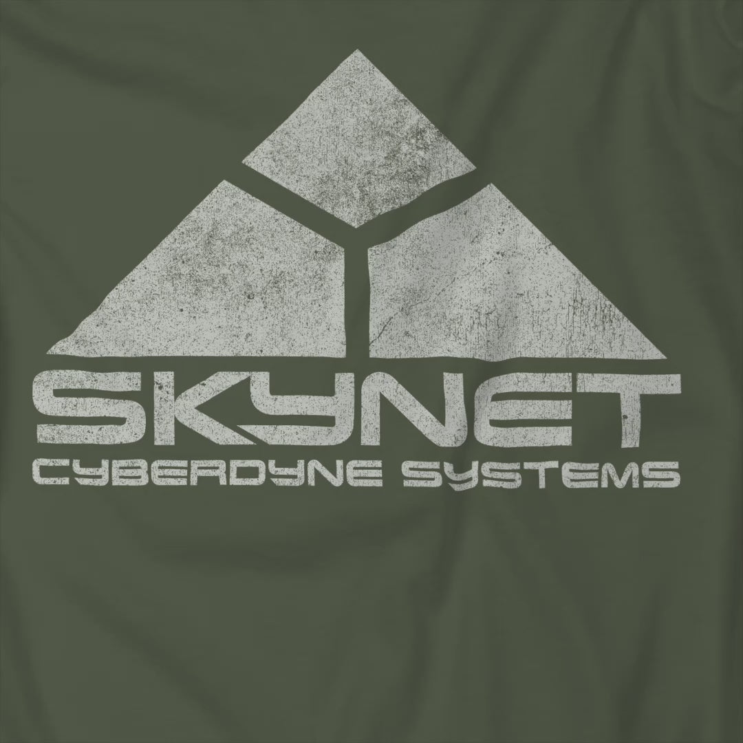Video of t-shirt featuring the fictional logo Skynet Cyberdyne Systems from the movie The Terminator in a vintage distressed style.