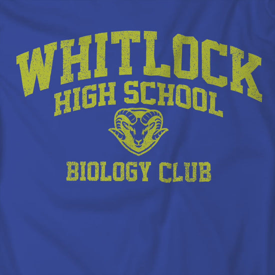 Video of t-shirts featuring gold Whitlock High School Rams logo graphic inspired by the TV show AP Bio in a vintage style.