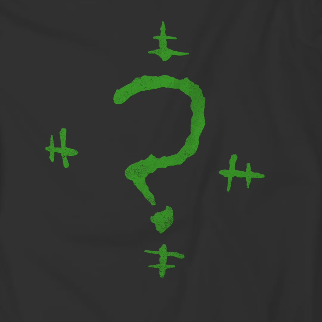 Video of t-shirt featuring the Riddler Question Mark logo from the movie The Batman in vintage distressed style.