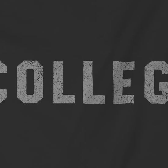 Video closeup of a shirt graphic with the word COLLEGE that John Belushi wore in the movie Animal House, in a vintage distressed ink-stamped worn-in style, sold by ScriptedBrand.