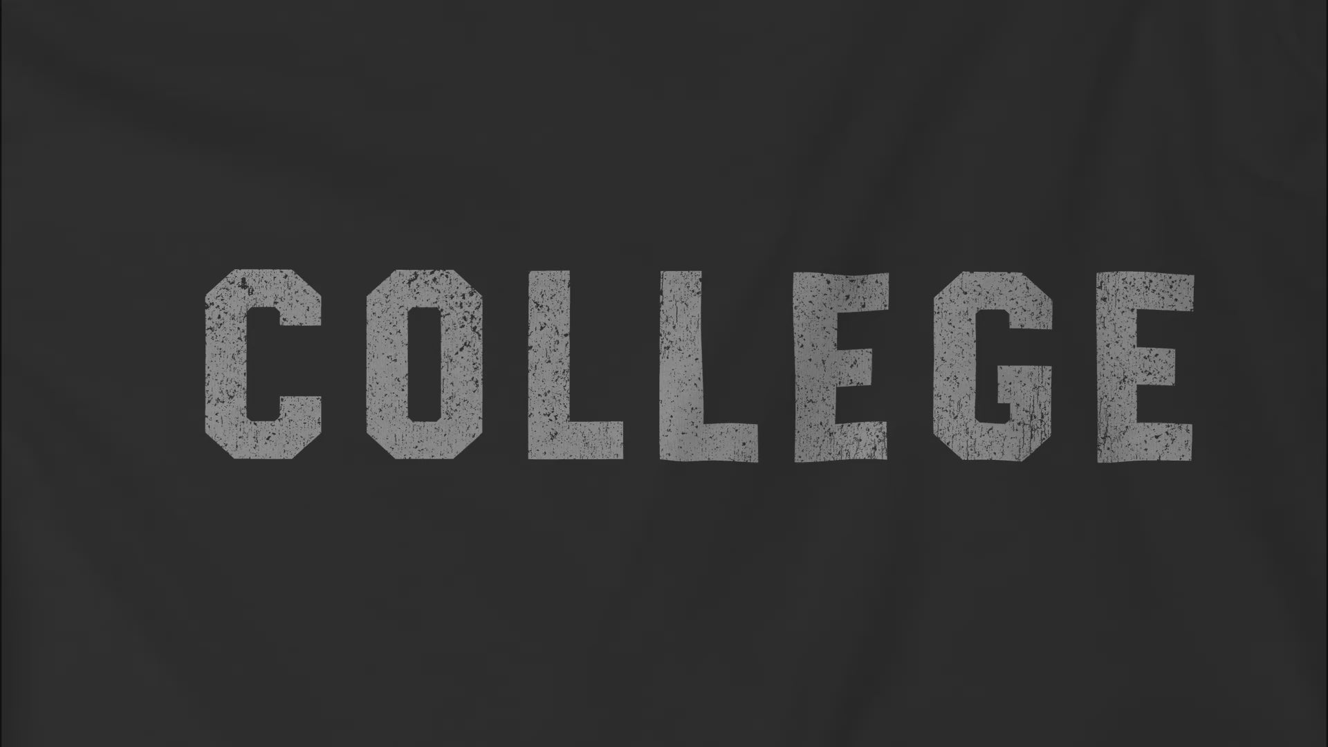 Video closeup of a shirt graphic with the word COLLEGE that John Belushi wore in the movie Animal House, in a vintage distressed ink-stamped worn-in style, sold by ScriptedBrand.
