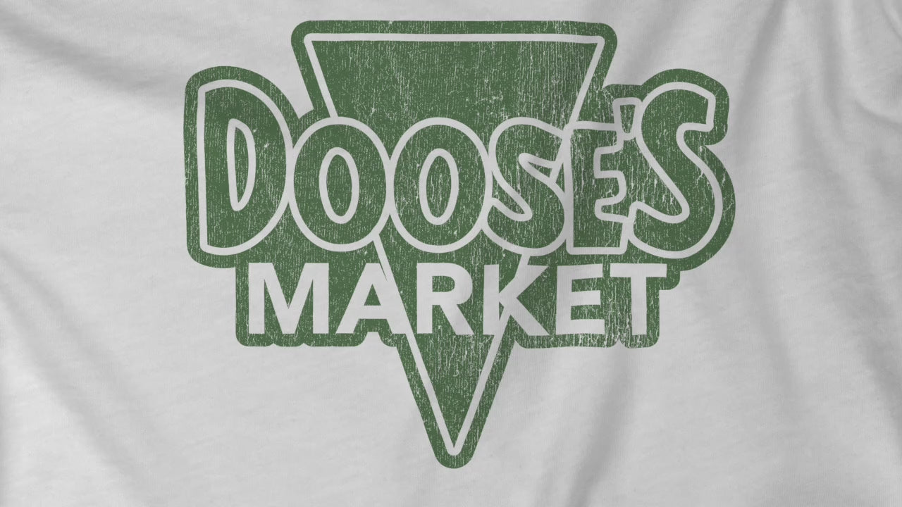 Video of Bella+Canvas t-shirts with a vintage-style Doose’s Market logo graphic, inspired by Gilmore Girls