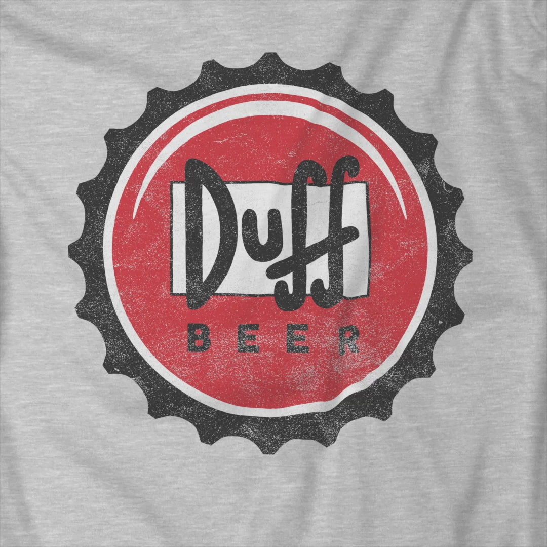 Video of t-shirt featuring the Duff Beer bottle cap logo from the TV Show The Simpsons in vintage distressed style.