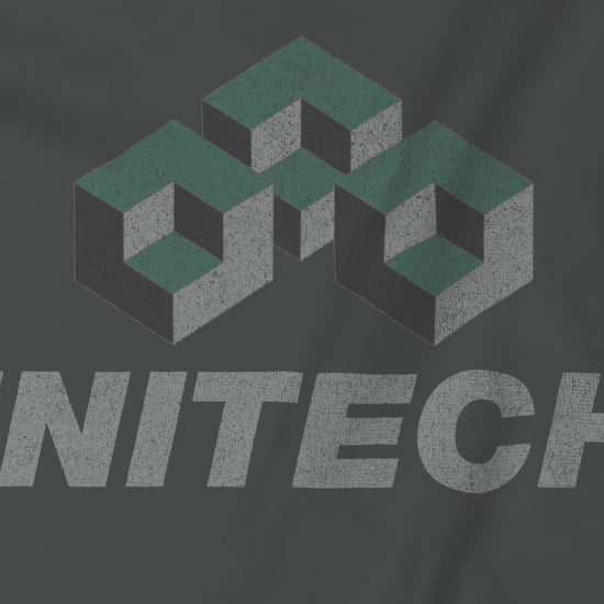 Video of soft Bella+Canvas 3001 short-sleeve t-shirts featuring the Initech logo from the movie Office Space in a vintage distressed style, sold by ScriptedBrand.