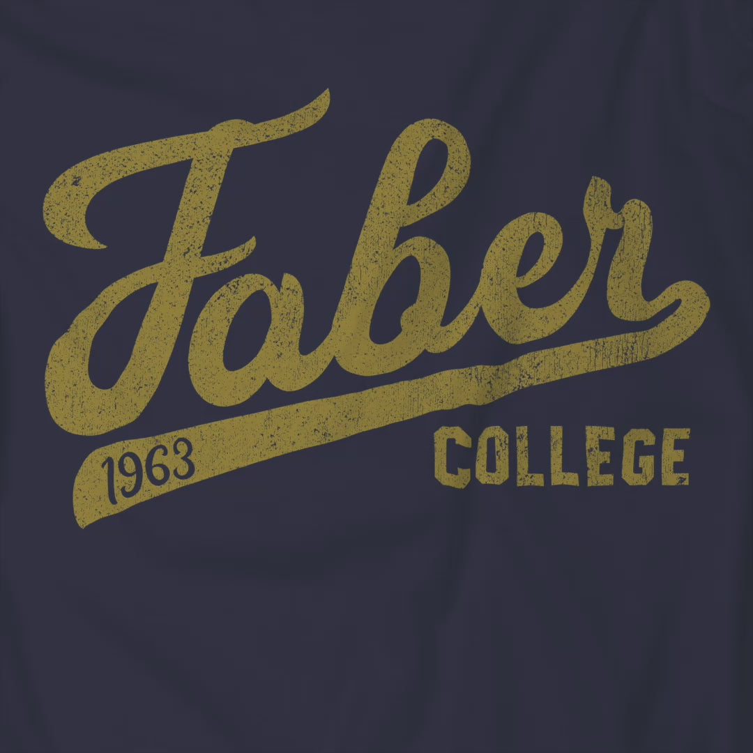 Video of t-shirts with Faber College Script logo from the movie Animal House in a vintage distressed style.