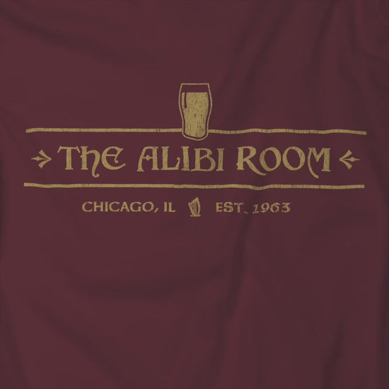 Video of  t-shirt featuring The Alibi Room logo graphic inspired by the TV show Shameless in a vintage distressed style.