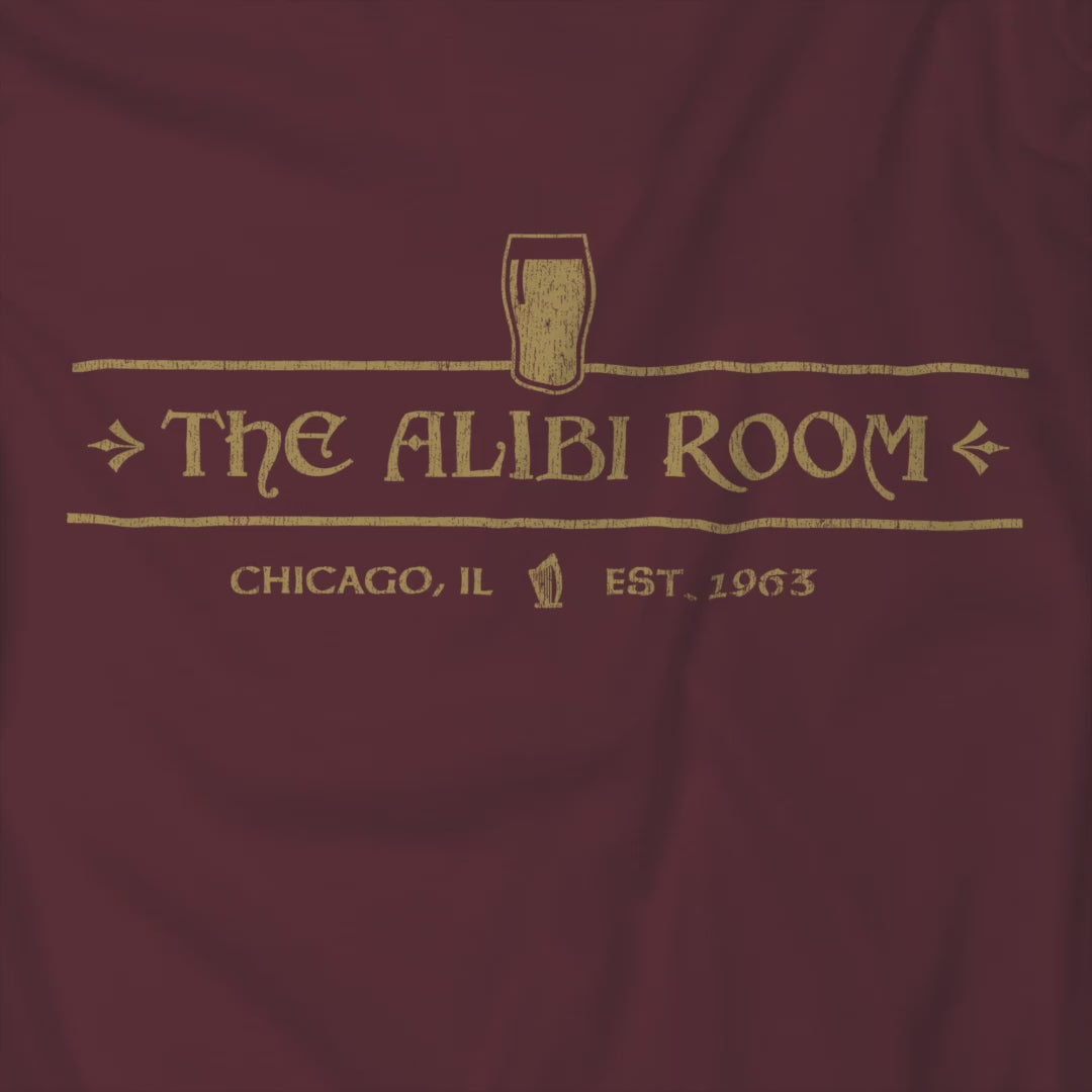 Video of  t-shirt featuring The Alibi Room logo graphic inspired by the TV show Shameless in a vintage distressed style.
